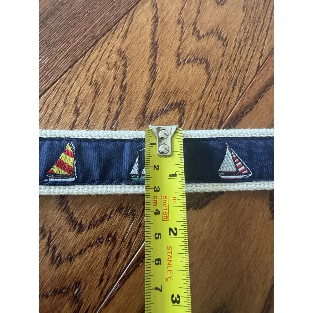 Sailboats Nautical Leather Tip Belt Mens 30 Khaki Web Brass Buckle Embroidered